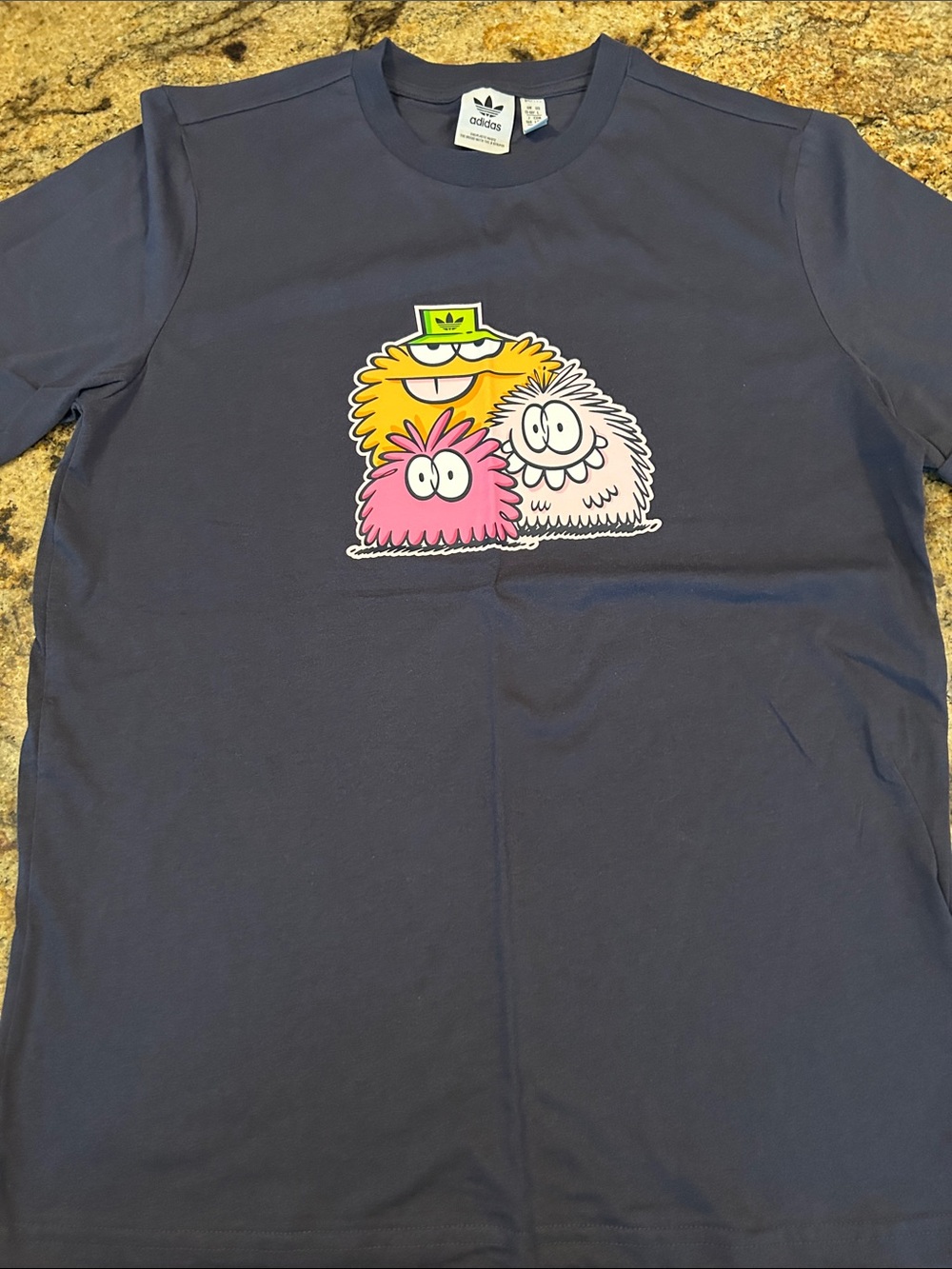 adidas by Kevin Lyons Navy Short Sleeve Tee with Colorful Fuzzy Monster Graphic